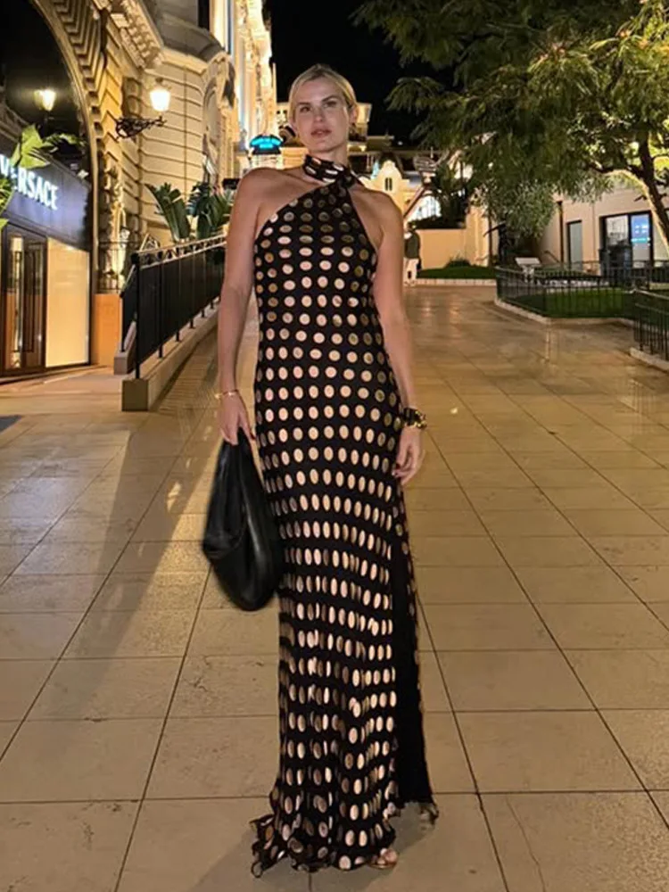 กระโปรงยาวผ้าชีฟองลายจุดทรงเอวสูงสำหรับผู้หญิง รุ่น Svel Dr Ele ทรงเดรป