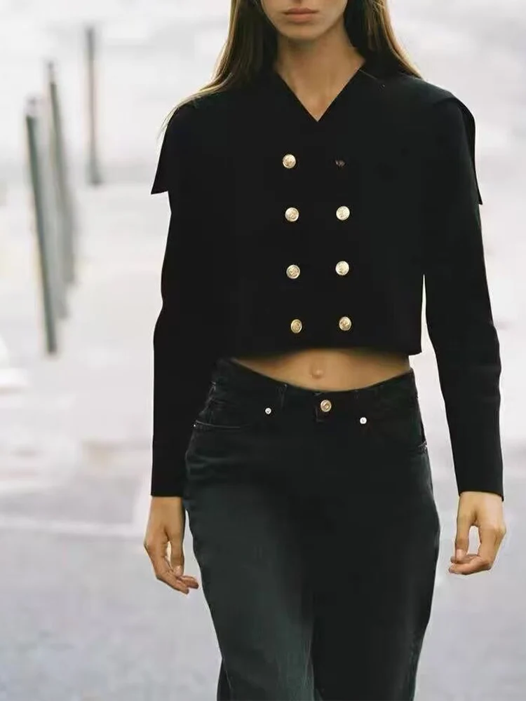 

Новая женская мода в европейском стиле, универсальная темпераментная трикотажная двубортная короткая куртка с длинными рукавами и большим клапаном