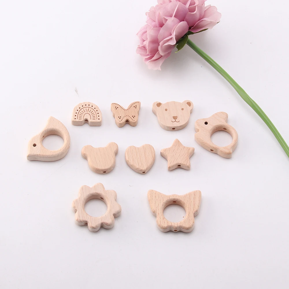 

10pcs Various beech wood mini animal shaped wooden beads suitable for Bbay chewing teether beads pacifier clip chain