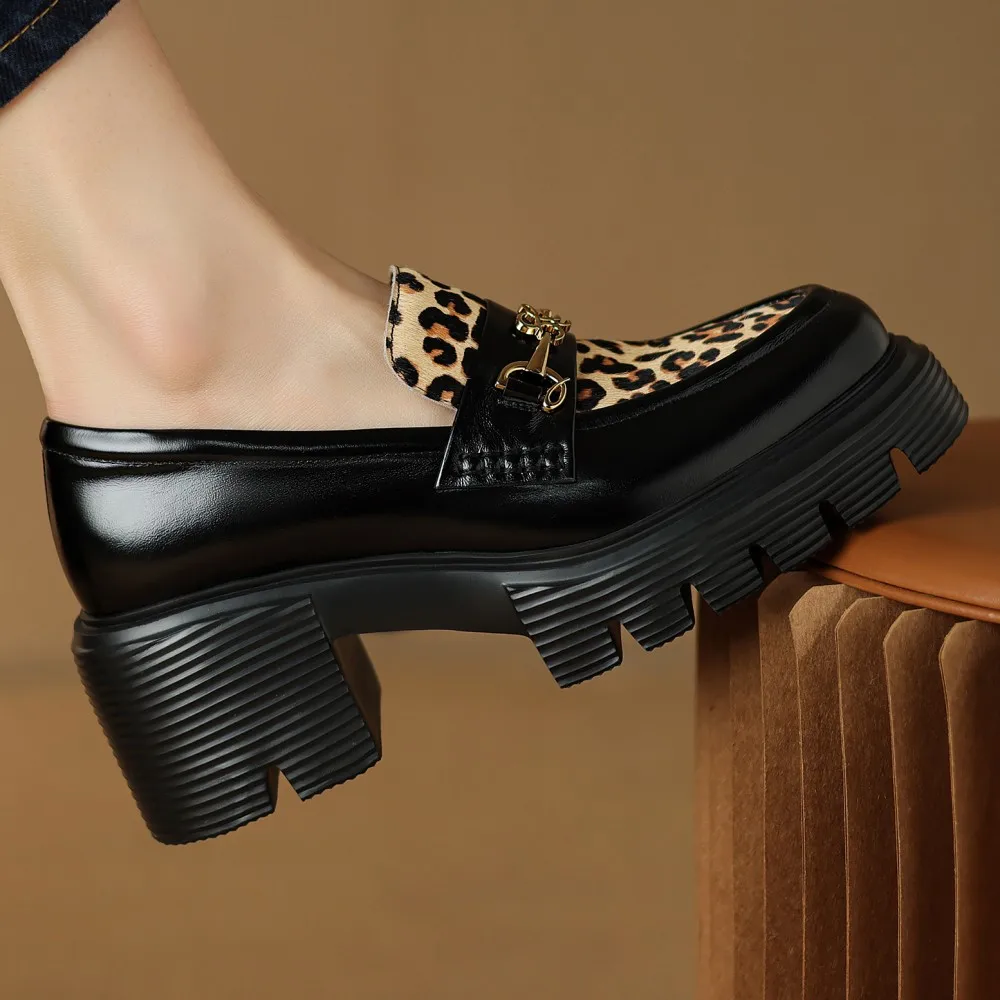 Women's sheepskin leopard horsehair patchwork slip-on loafers chunky heel platform flats moccasins metal buckle casual shoes hot