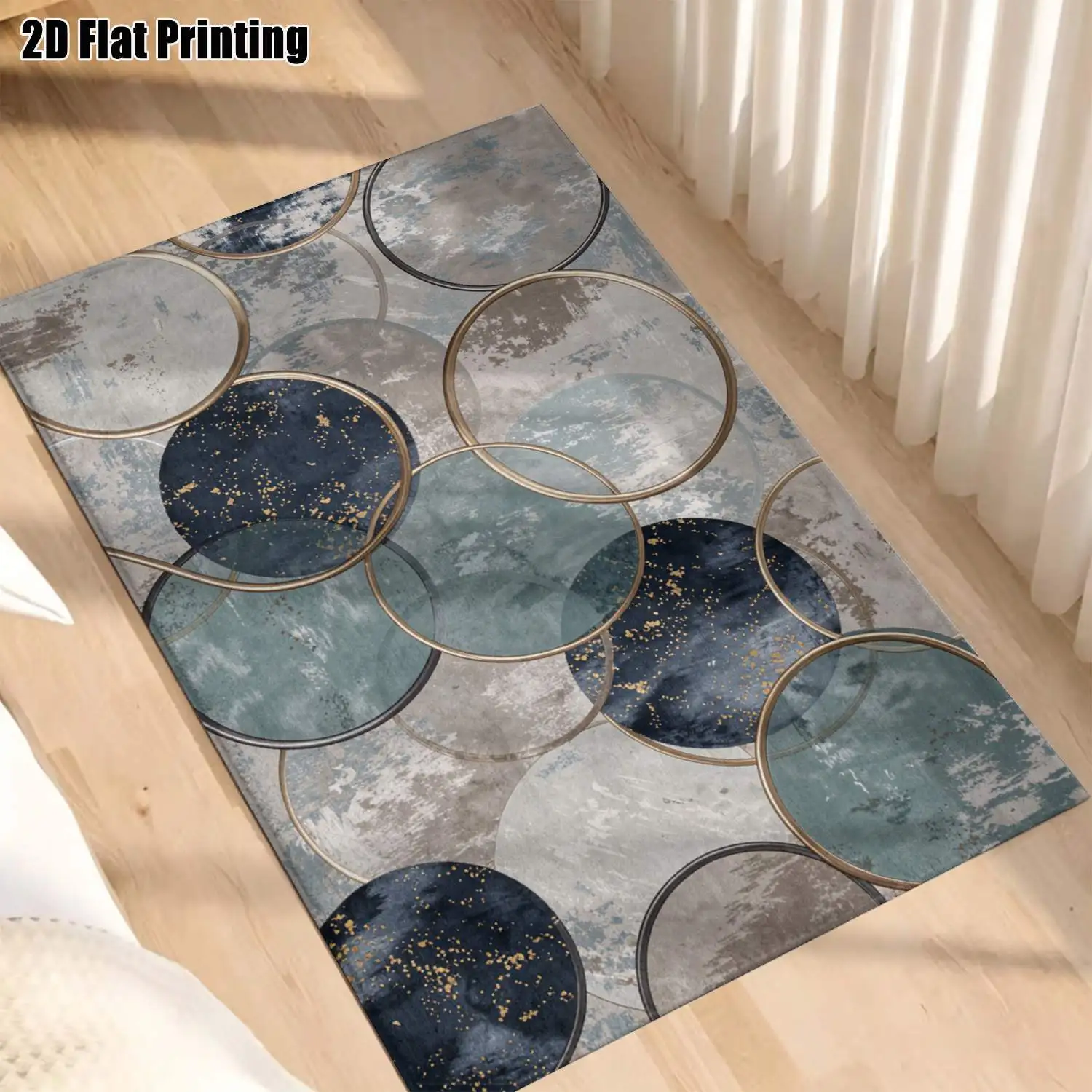 1Pc 2D Printed Pc Carpet: Blue-Grey Gold Foil Geometric Circles, Modern Minimalist Home Decor, Multi-Size, Machine Washable, for Multi-Scenarios