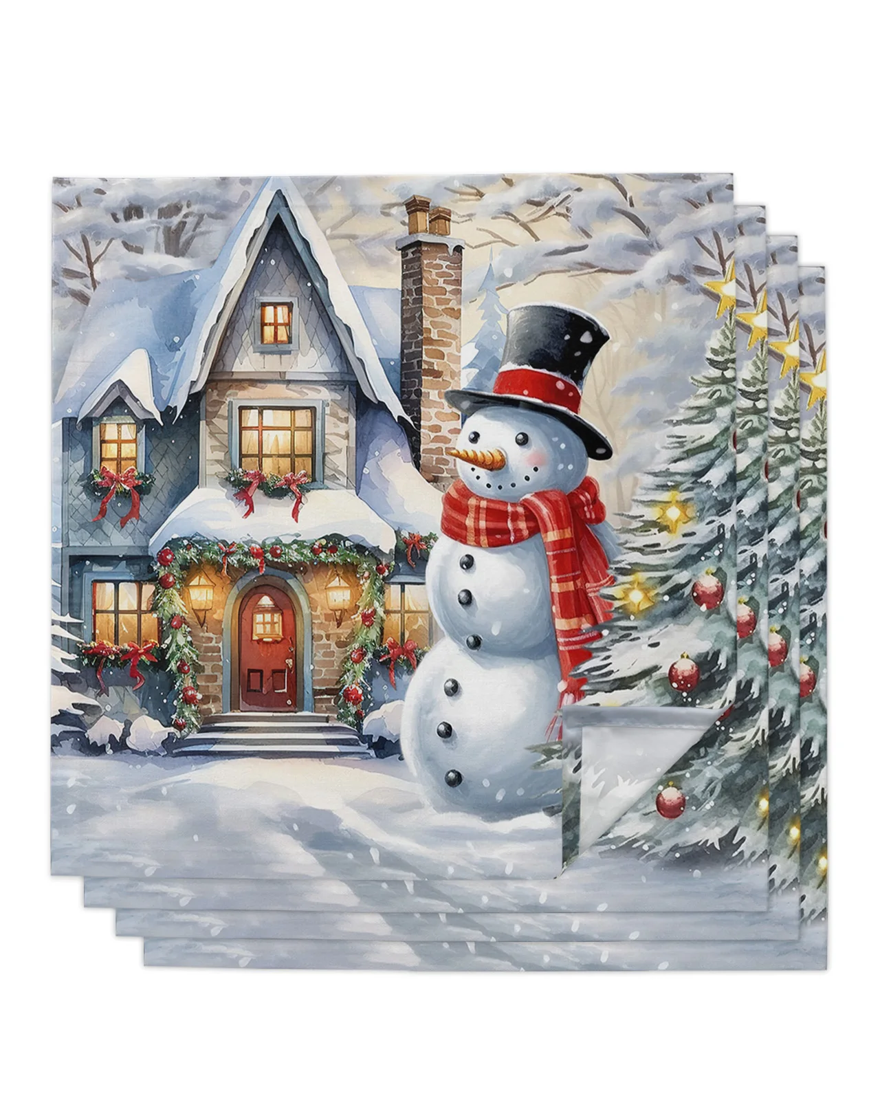 4/6/8pcs Christmas Snow Scene Snowman Table Napkins Cloth Restaurant Table Napkins Wedding Banquet Decor Cloth Napkins