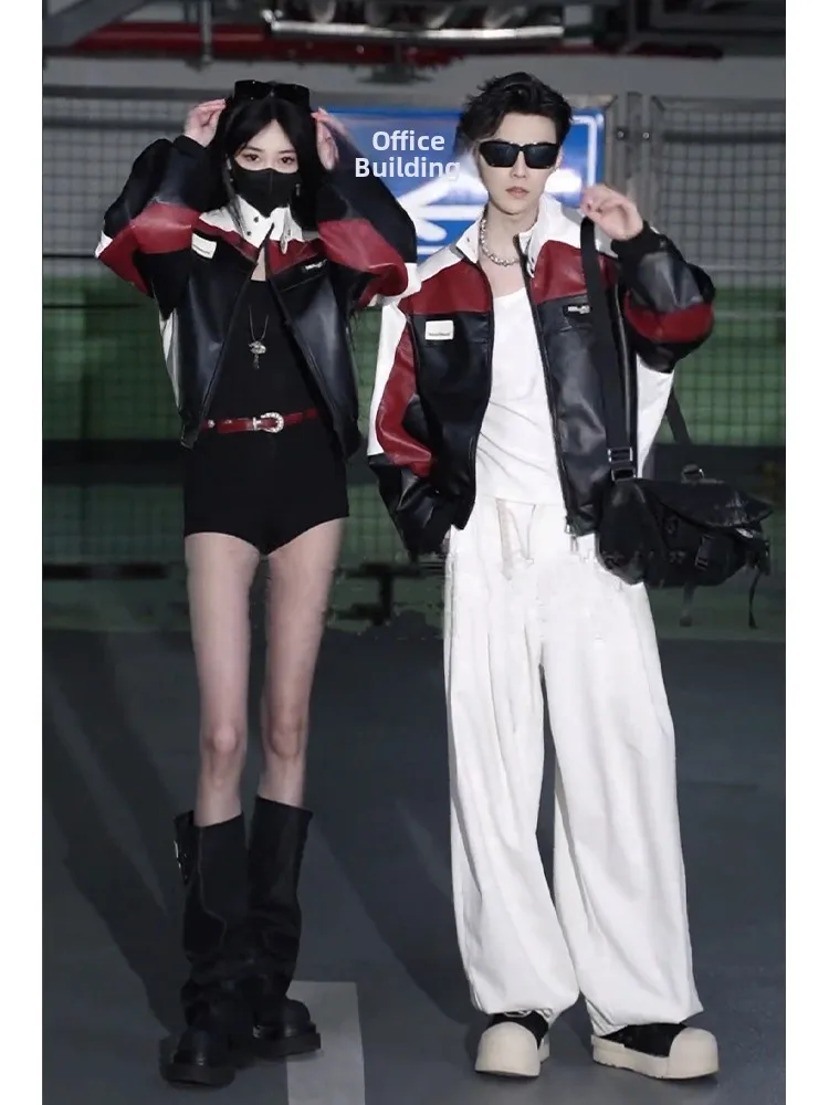 American Style Men's PU Leather Jacket Spring Autumn Color Block Motorcycle Riding Racing Suit Couple Pilot Jacket Casual