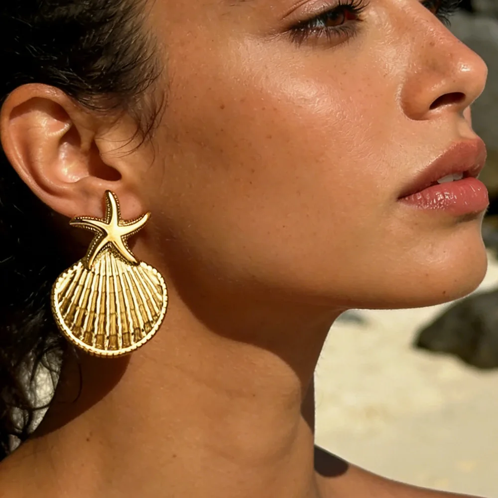 

Stainless steel plated 18K gold earrings, ocean wind starfish shell waterproof earrings, jewelry gifts