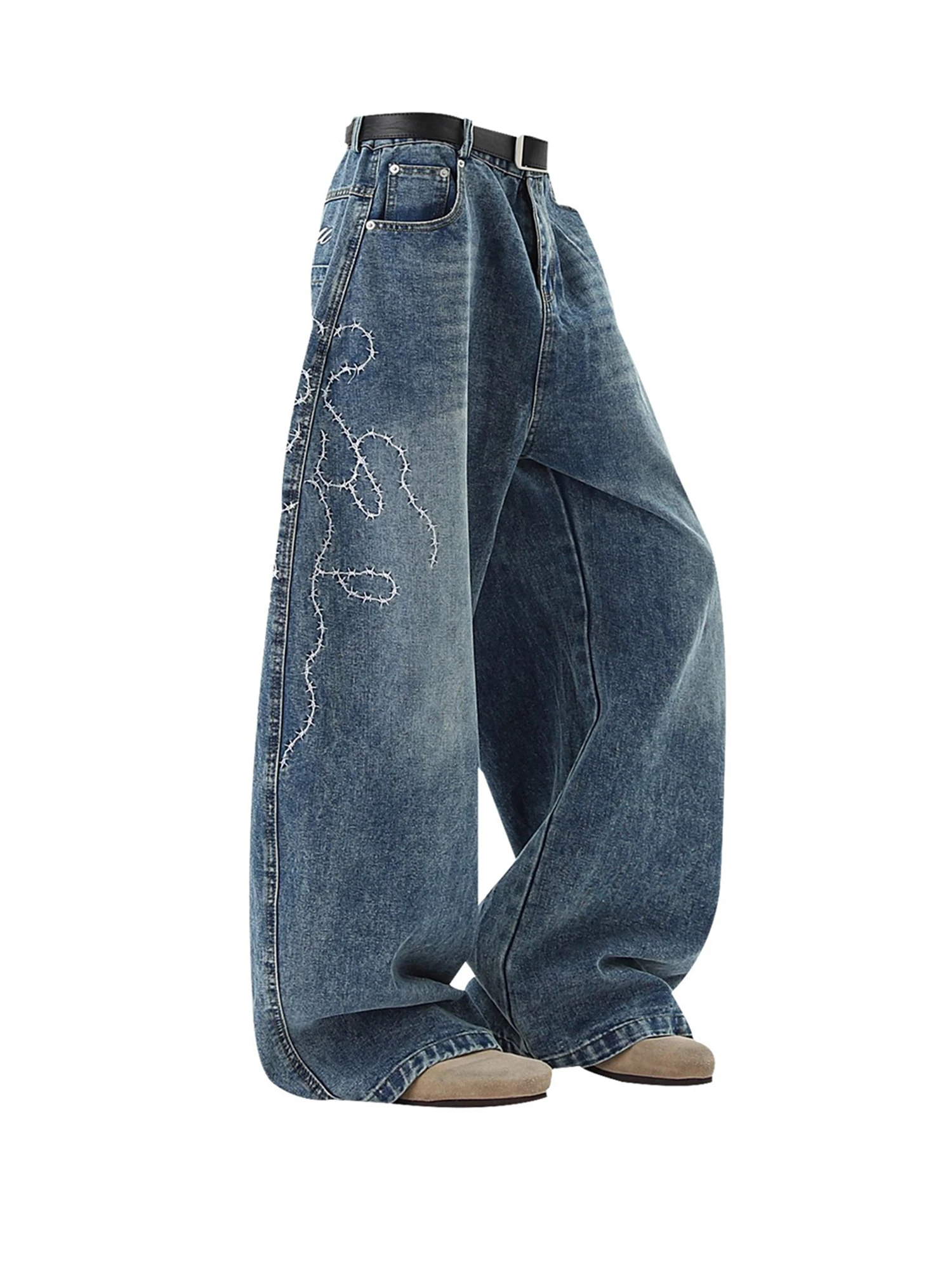 Women's High Waist Wide Leg Blue Jeans Thorn Embroidery Rose & Letter Print Vintage Washed Y2K Streetwear Loose Denim Trousers