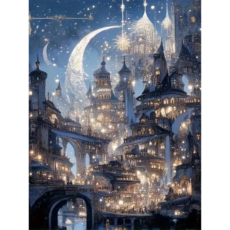 Neu eingetroffen: DIY Diamantmalerei „Schloss und Mond“ – Diamantstickerei für Landschaftsgeschenke und Heimdekoration, rahmenlos