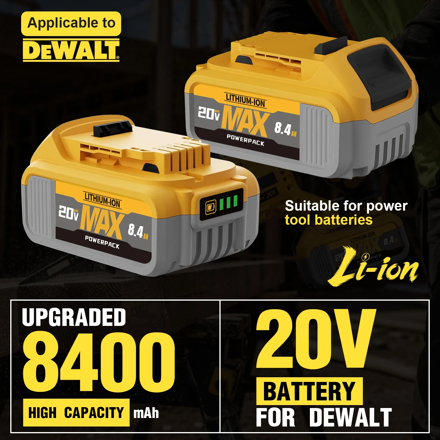 2-Pack 20V 8.4Ah 8400mAh Replacement Battery for DeWalt 20V MAX Lithium Ion Power Tool Battery DCB206 DCB205 DCB204 DCB200 DCB182 DCB203