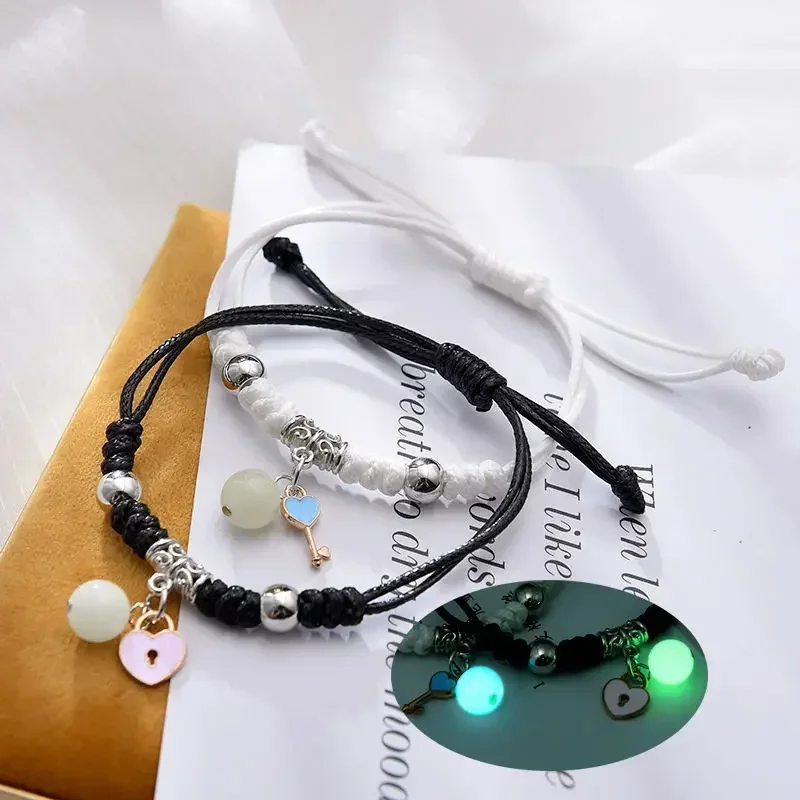 2PCS Luminous Beads Star Couple Bracelet for Women Men Charm Cat Flower Heart Key Lock Cross Matching Friend Bracelets Jewelry