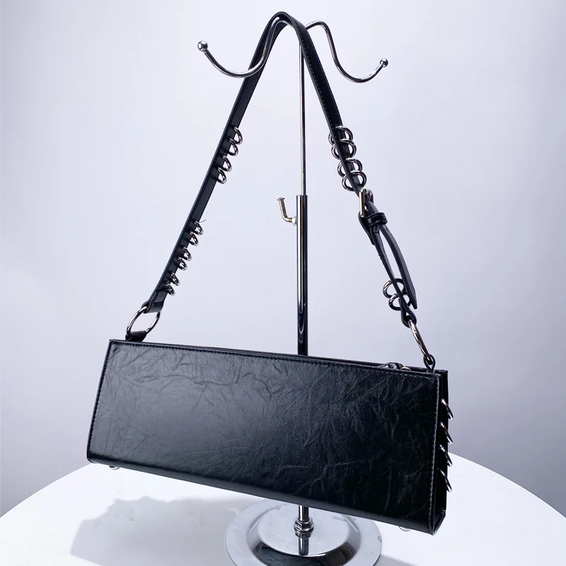 Moto & Biker Slim Shoulder Bags For Women Luxury Designer Handbag Purse 2023 New High Quality Metal Ring Decoration Underarm Bag