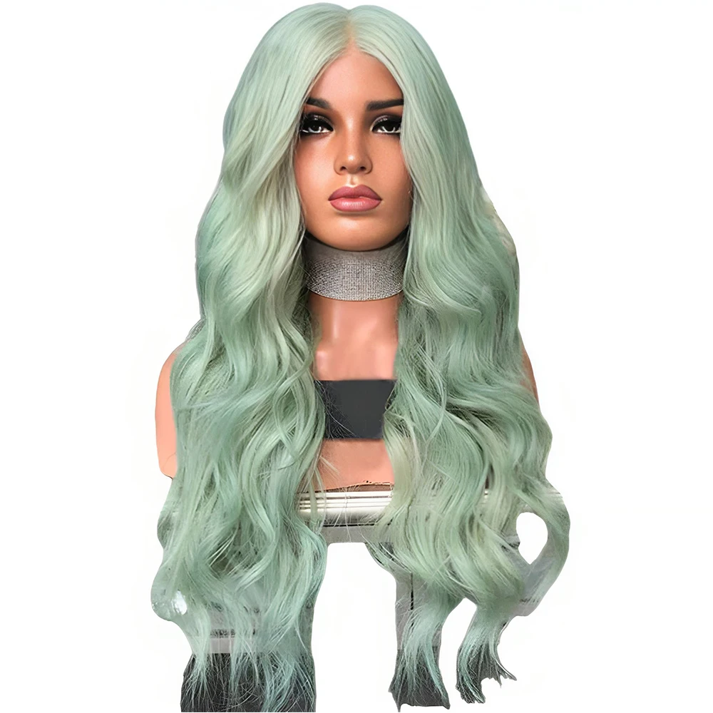 Long Deep Wave Synthetic Wig Light Green Lace Front Wigs for Black Women Heat Resistant Fashion Party Cosplay Synthetic Wig