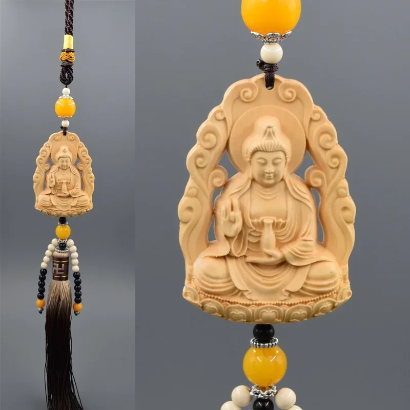 Wood Carving Buddha Statues Car Rear View Mirror Pendant Jewelry Guanyin Pao Ping An Fu High-end Schoolbag Mobile Phone Pendant