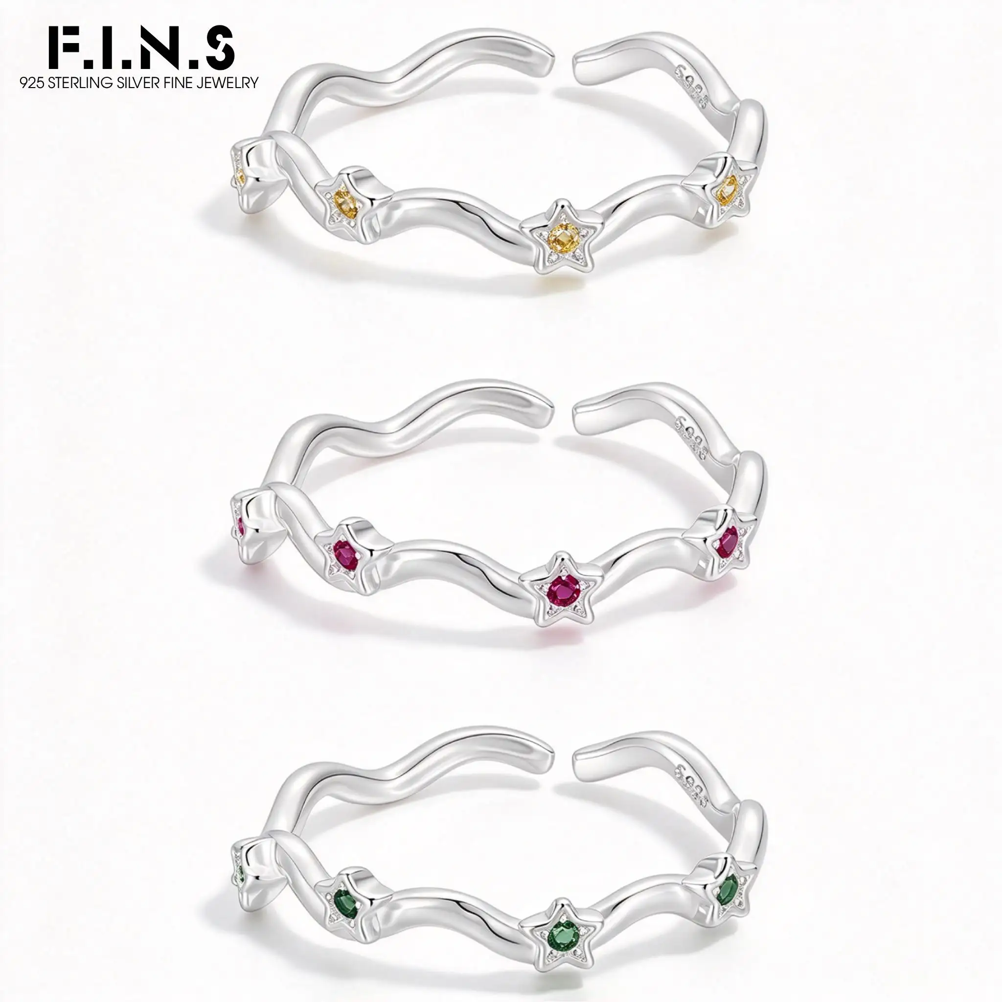 F.I.N.S 925 Sterling Silver Five-Point Star Shining Zircon Ring Personalized Wave Line Opening Adjustable Finger Fine Jewelry