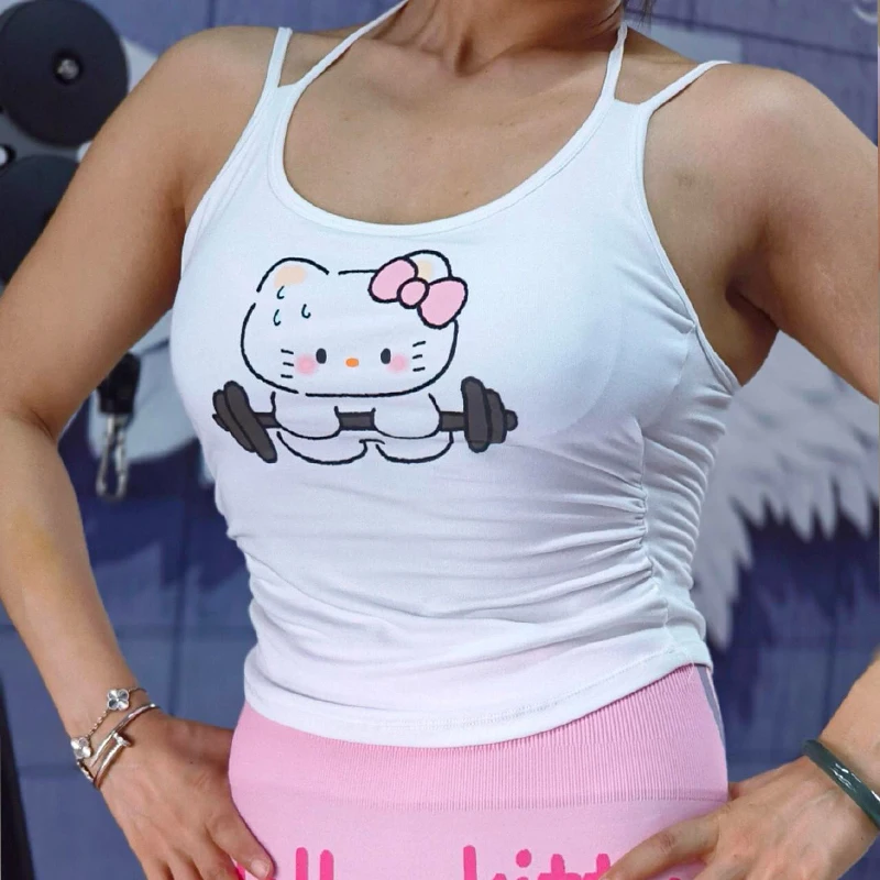 Sanrio Fashion Sports Tank Top Kawaii Hello Kitty Weightlifting Pattern With Chest Mat Top Casual Fitness Hanging Neck Tank Top