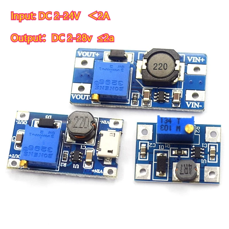 2A MT3608 Boost Module, 2-24V Input to 5/9/12/28V Output, Adjustable DC-DC Voltage Regulator