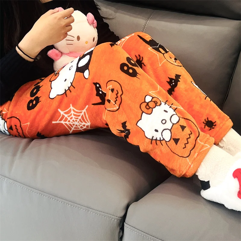 2023 Anime Sanrio Hallo Kitty Pyjamas Schwarz Flanell Frauen Kawaii Woolen Weiß Cartoon Casual Hause Hosen Herbst Mode Hosen