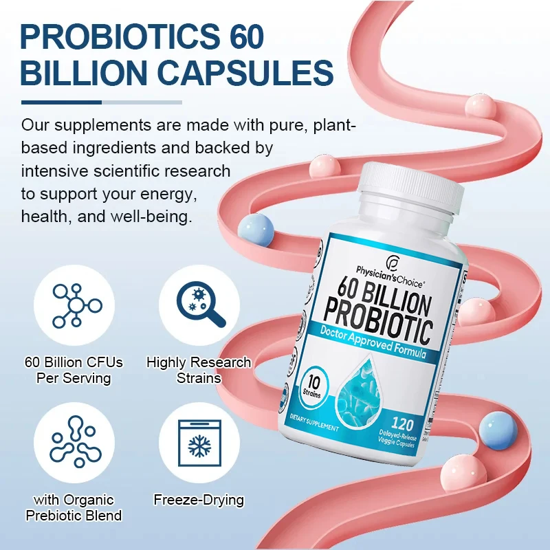 Probiotics 60 Billion CFU - 10 Strains + Organic Prebiotics, Immune, Digestive, Gut Health, Supports Constipation, Gas, Bloating