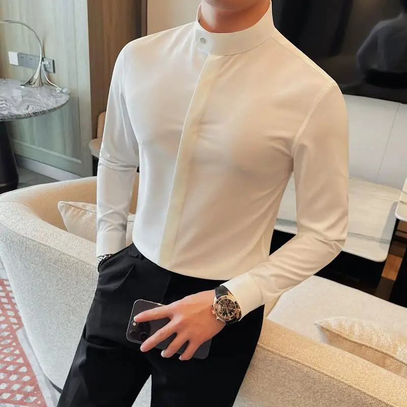 High Quality Concealed Button Shirts 2024 New Long Sleeve Slim Men Social Dress Shirt Formal Business Casual Prom Club Shirts