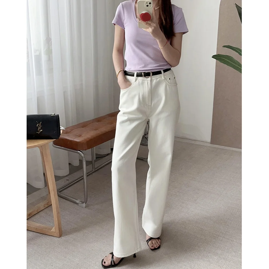 

Pure Cotton Straight Leg Jeans Women's Comfortable Slimming Embroidery Leather Tag mid Waist Classic Blue Spring Faion