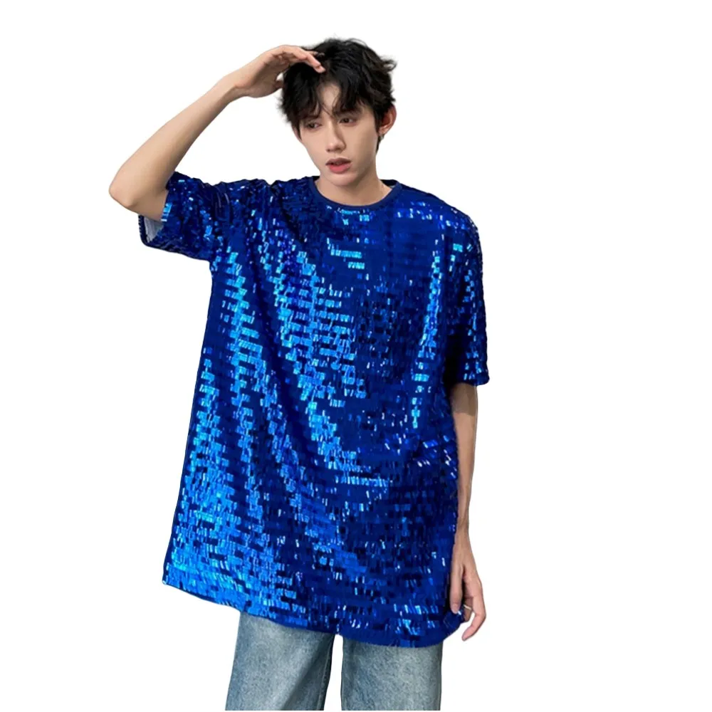 

Gold Silver Sequin Loose Short Sleeve Tees Male Women Hip Hop Jazz Dance Team Stage Performance Reflective Sequins T-shirts