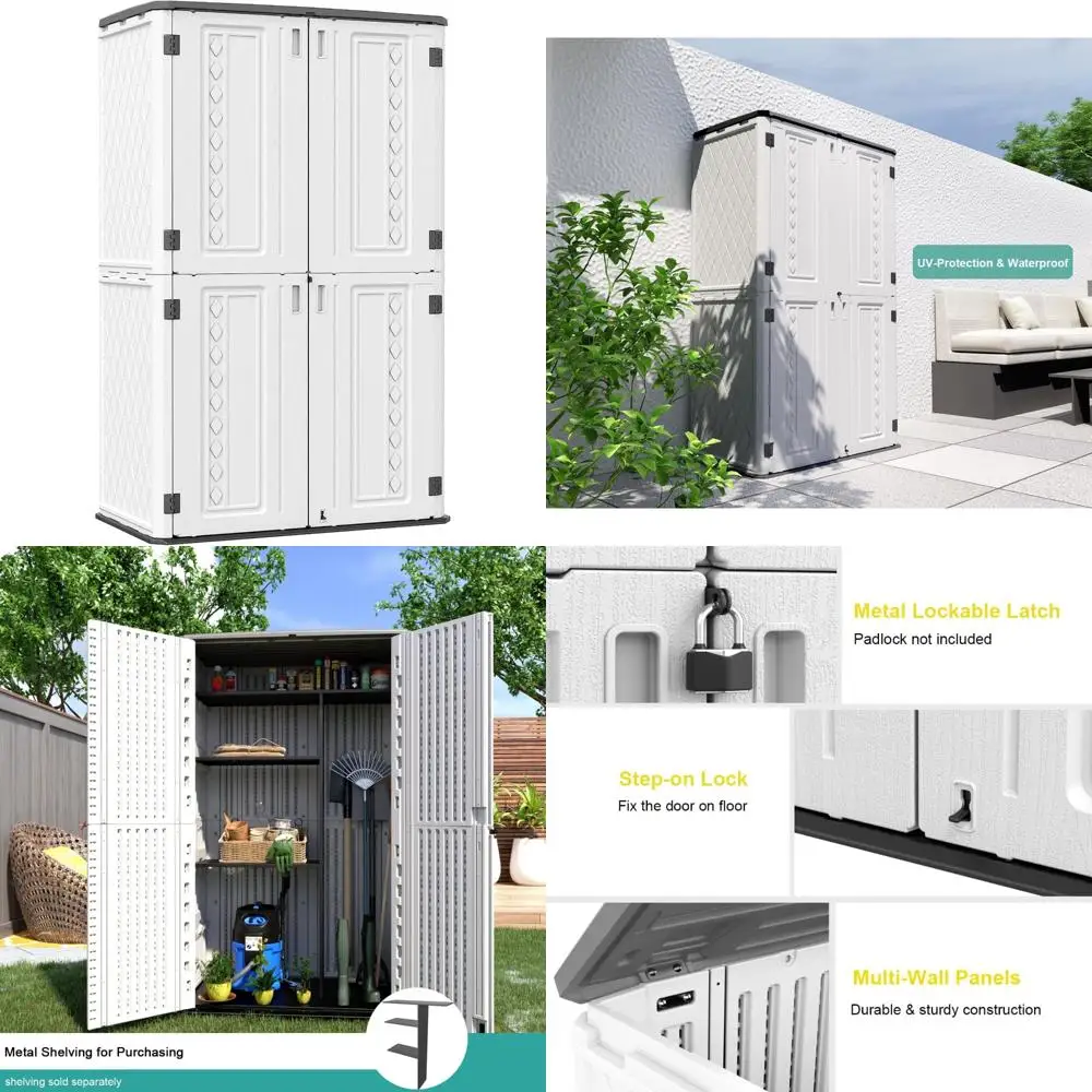 

Водонепроницаемый вертикальный садовый сарай для хранения с двойными дверцами, вместимость 52-х кубических футов, полимерный материал для уличных инструментов и оборудования