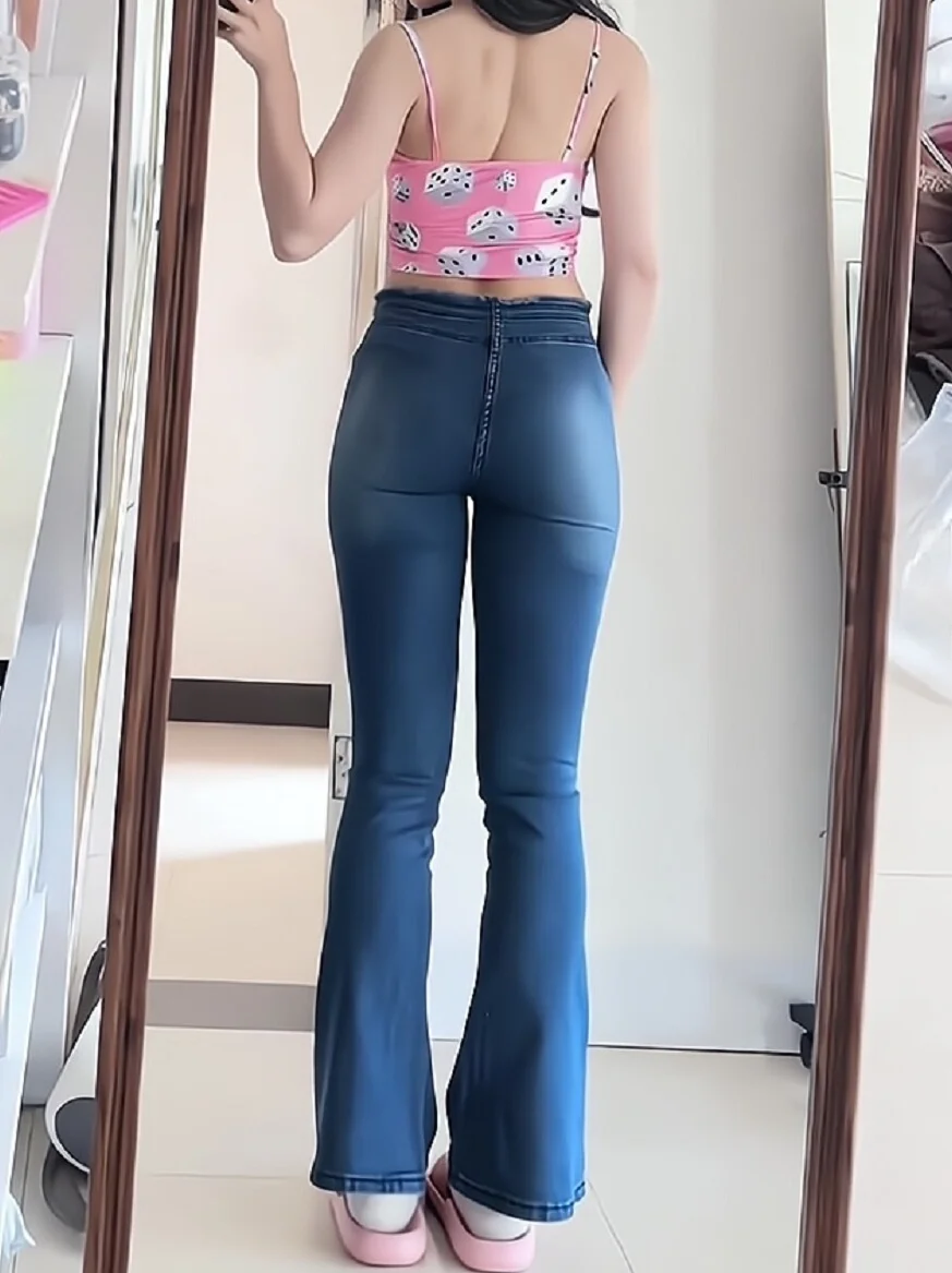Jeans denim micro svasati Dstring a vita alta dimagranti Nuovi pantaloni lunghi 2025 colori Blo da donna Elastici sfilacciati