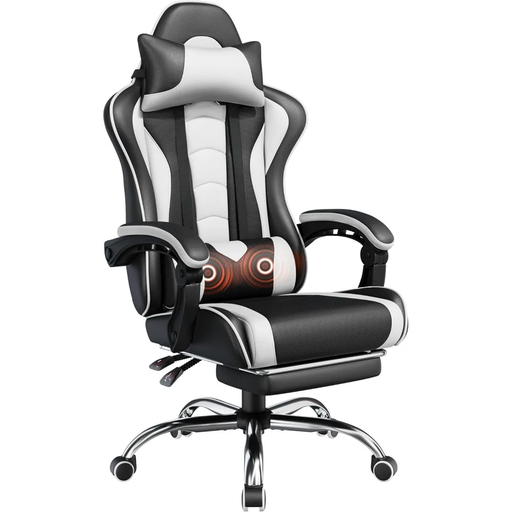 Gaming Chair with Massage Lumbar Support and Footrest Height Adjustable Ergonomic with Swivel Seat and Headrest, Black/White