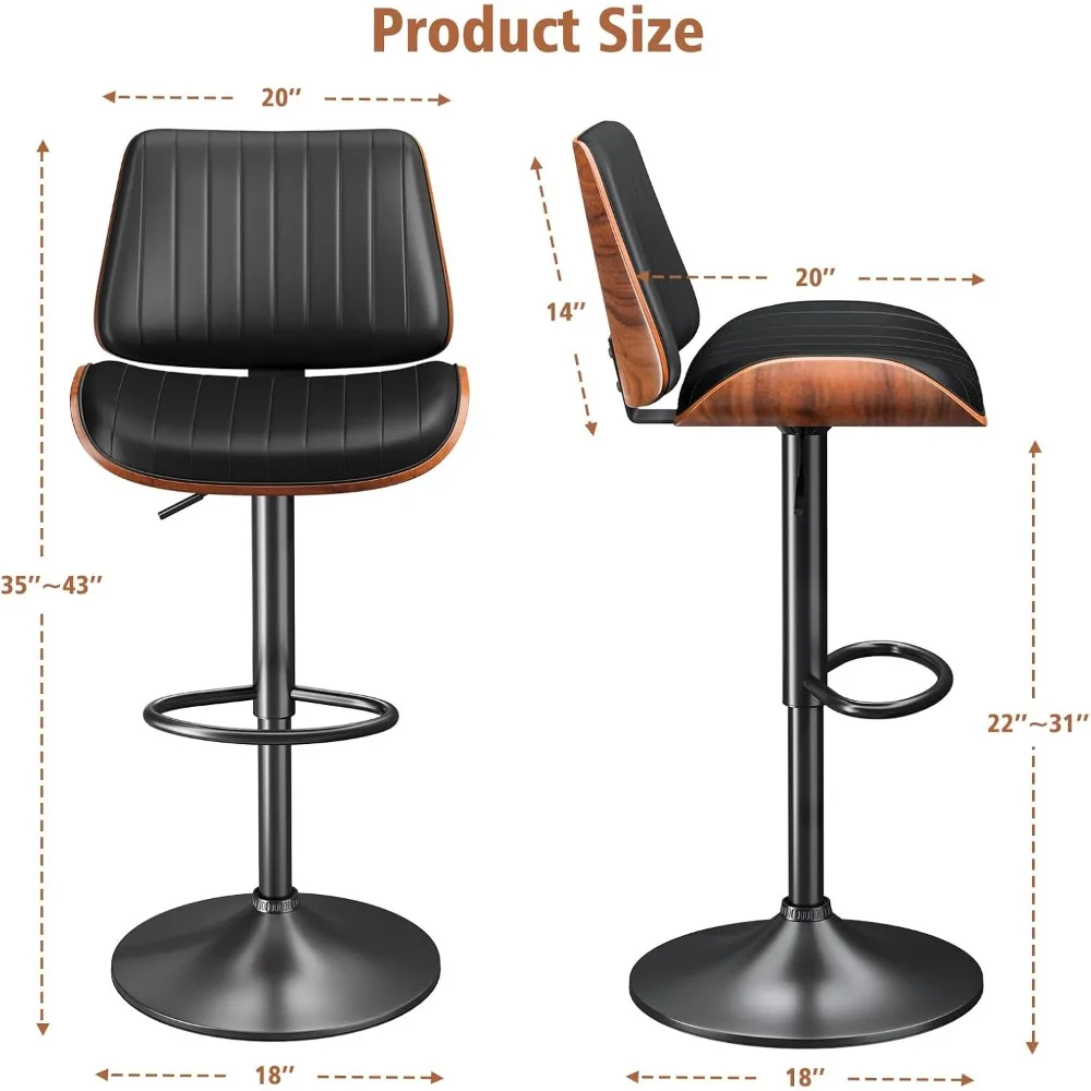 Conjunto de 3 bancos de bar, bancos de bar modernos com encosto de madeira curvada e assento de couro, bancos de bar para balcão de cozinha