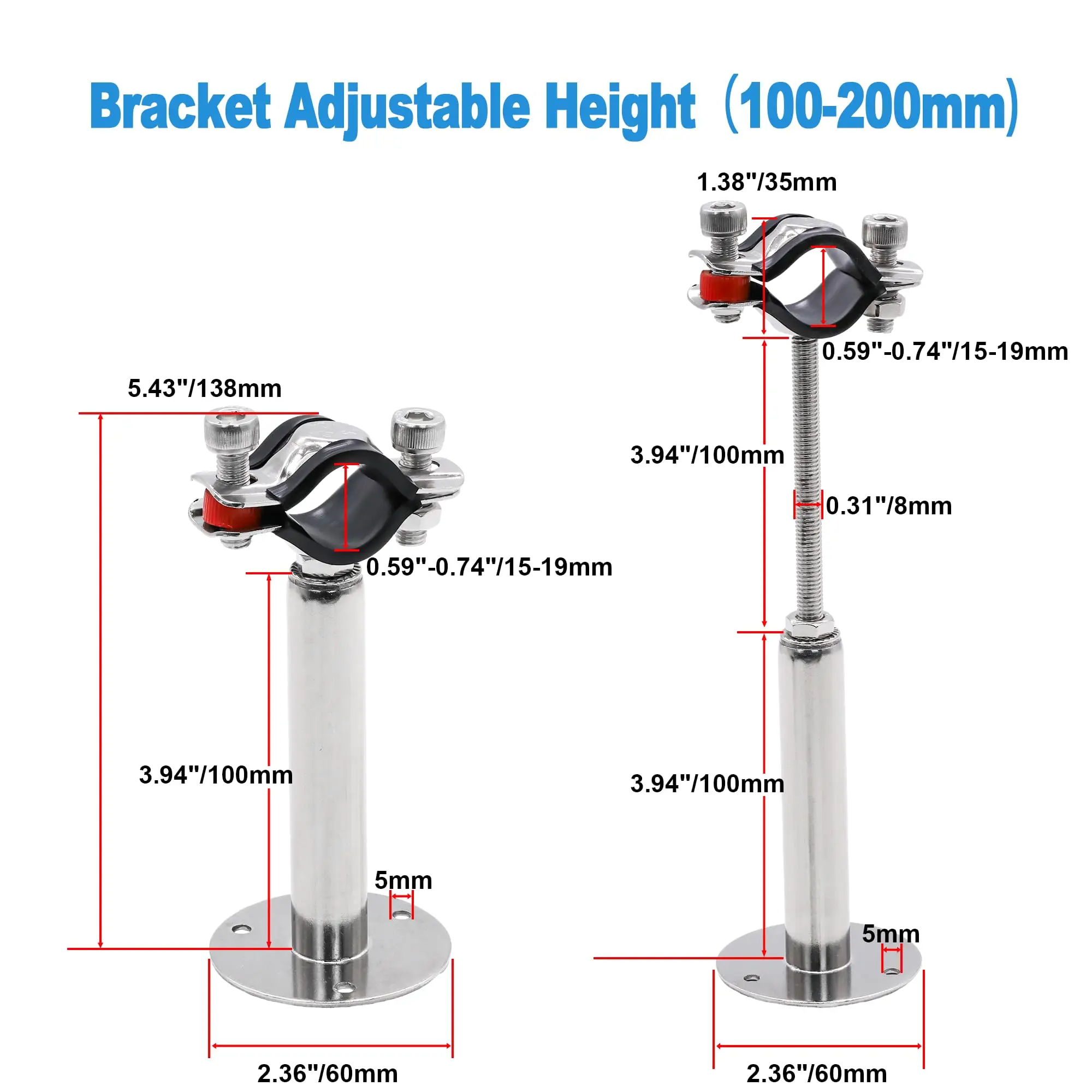 2PCS 100-200mm Adjustable Rod Pipe Hanger Bracket Clamp Fit 15-108mm Tube 304 Stainless Support Clip Wall Mount With Base Plate