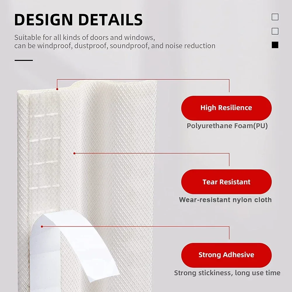 2M-48M Sliding Window Weather Stripping Self Adhesive Cuttable Soundproofing Foam Door Gap Bottom Stopper Seal Strip White Gray