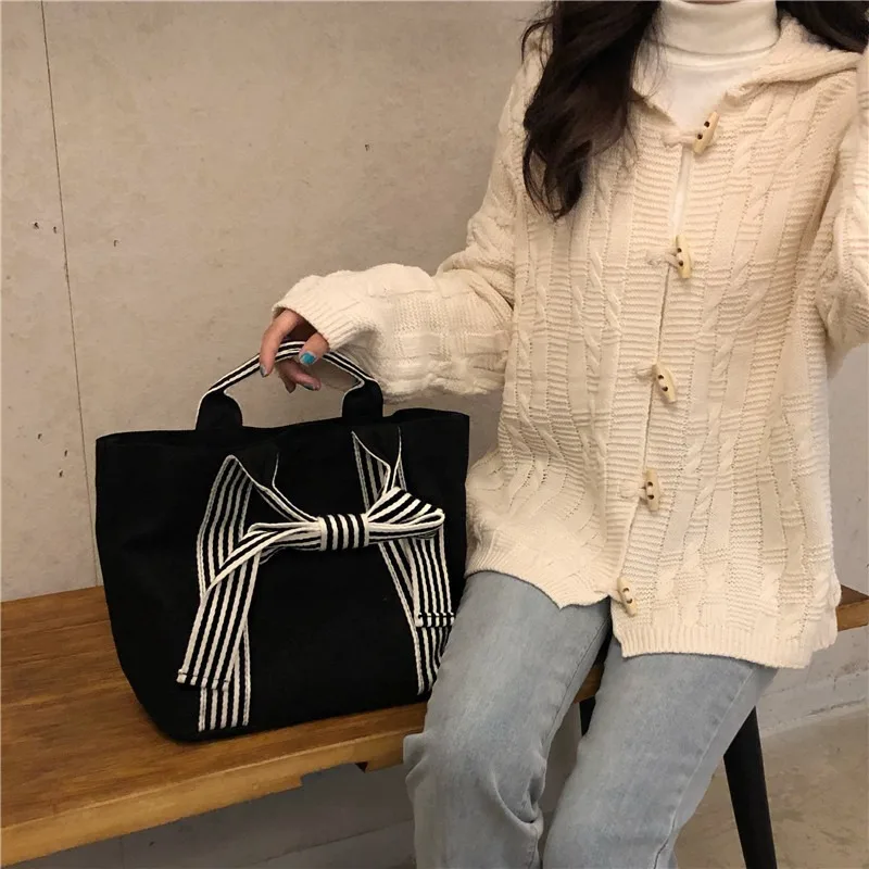 Black Neutral Fashion Simple Women's Bow Canvas Bag Hand Pull Dark Tie Small Fresh Hand Handbag A Bag view 2