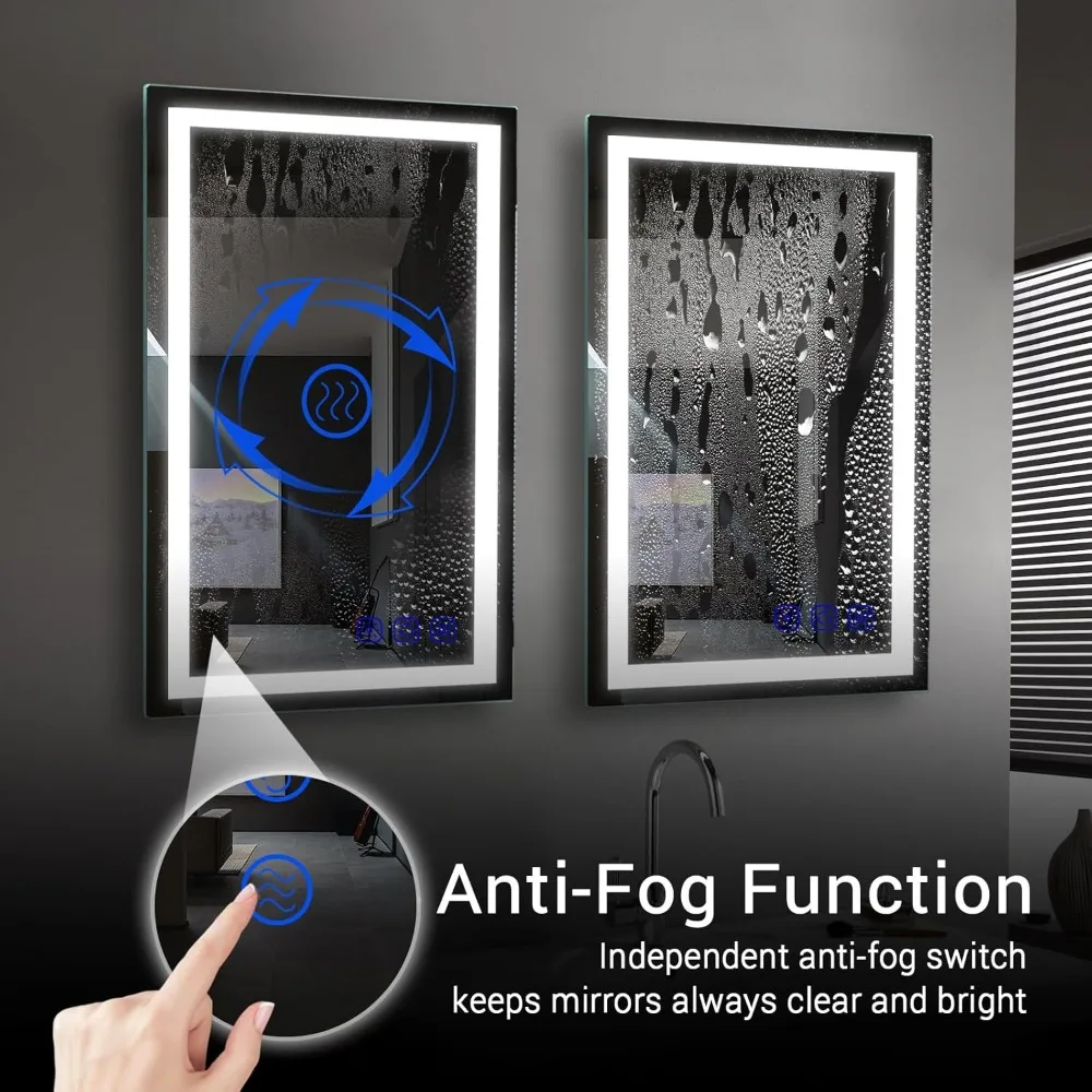 مرآة حمام ذكية مضيئة بإضاءة LED، شاشة لمس مثبتة على الحائط مقاس 36 × 24، مرآة زينة قابلة للتعتيم مع تعديل ضوء بدون خطوات