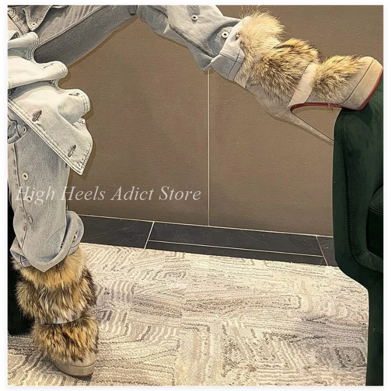 

Пикантные коричневые ботинки до середины икры на платформе с мехом, женские замшевые ботильоны на высоком каблуке, 2024, роскошные дизайнерские туфли для подиума для вечеринок