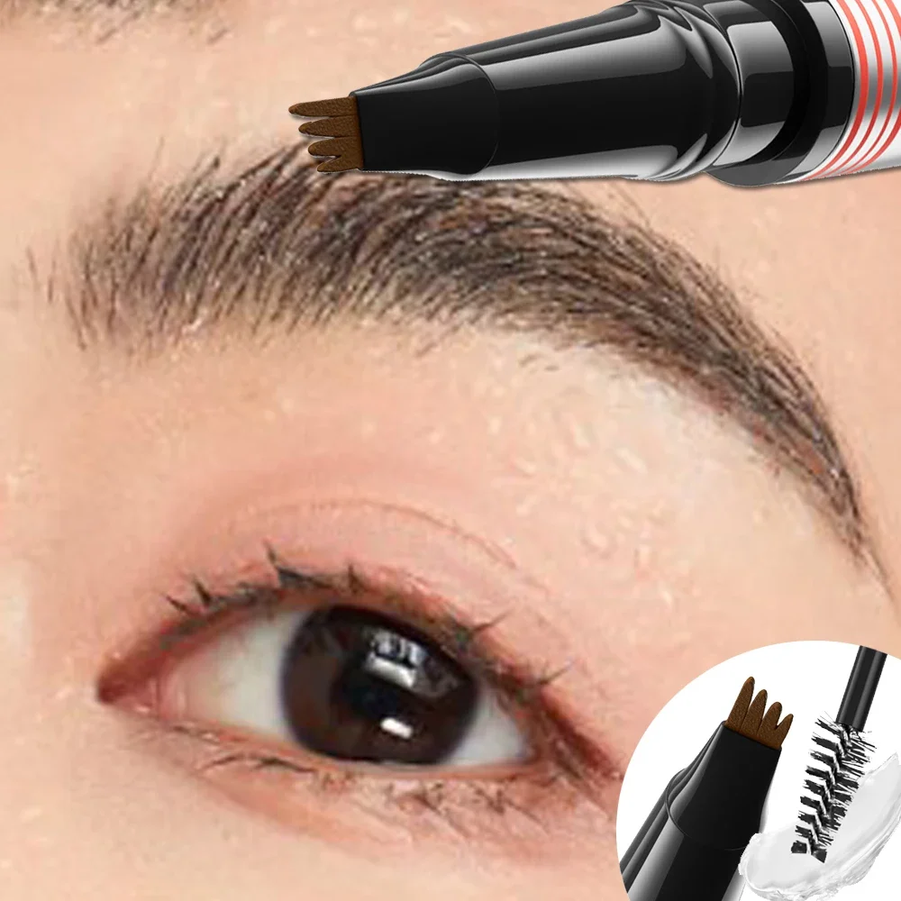 4 Point Eyebrow Tattoo Pencil with Eyebrows Shaping Cream Double-headed Waterproof Liquid Black Brow Makeup Pencil Brows Setting