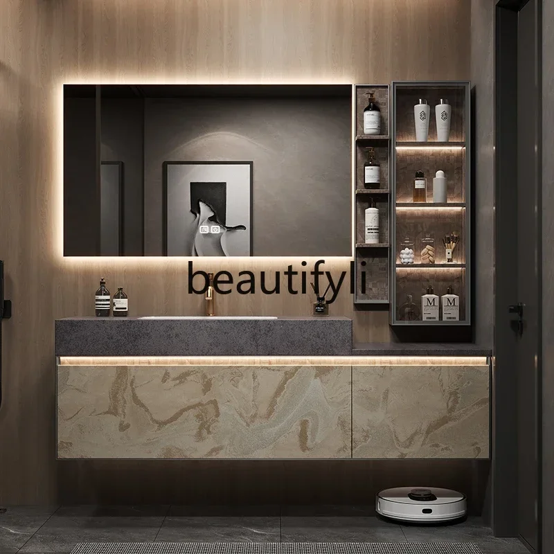 

New Arrivals D06 Hotel wind bathroom cabinet combination rock slab seamless ceramic integrated basin table basin washbasin cabin