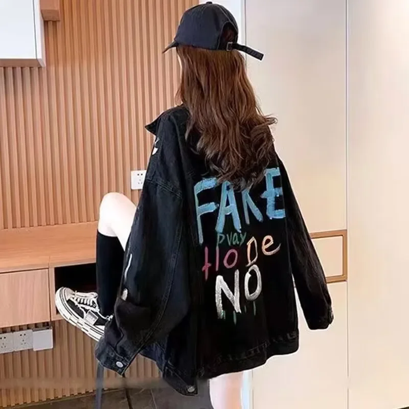 البوب المطبوعة الدنيم سترة المرأة ربيع 2025 الخريف جديد البرية سترة الإناث جيب سترة معطف أسود أزرار بلايز عادية #3