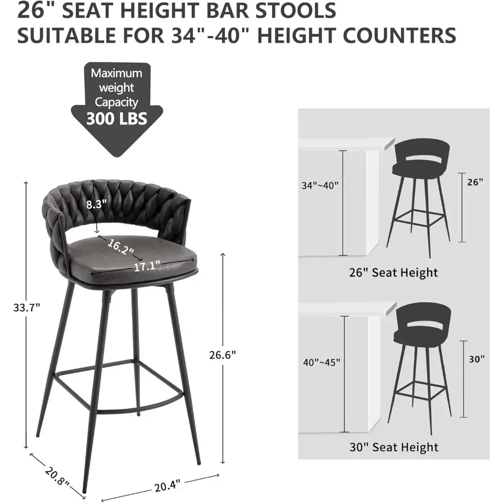 Set of 4, 26 inch Seat Height Bar Stools, 180° Swivel Barstools with Woven Back and Footrest, Suede Fabric Counter Stools