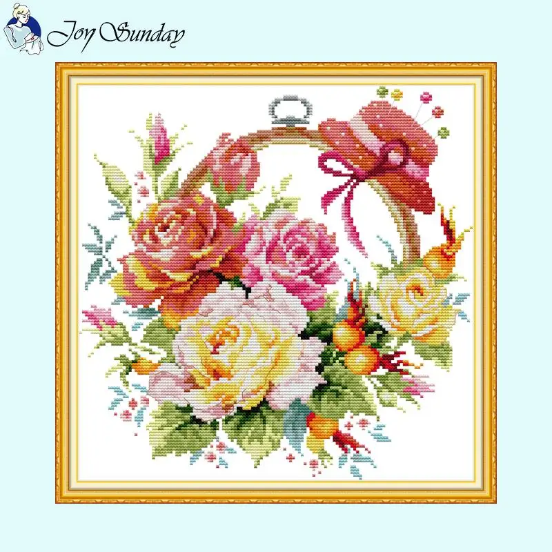 Flower Basket and Round Fruit Series Cross Stitch Kit Aida 14ct 16ct HD Printed Fabric Embroidery Set DIY Home Decoration Crafts