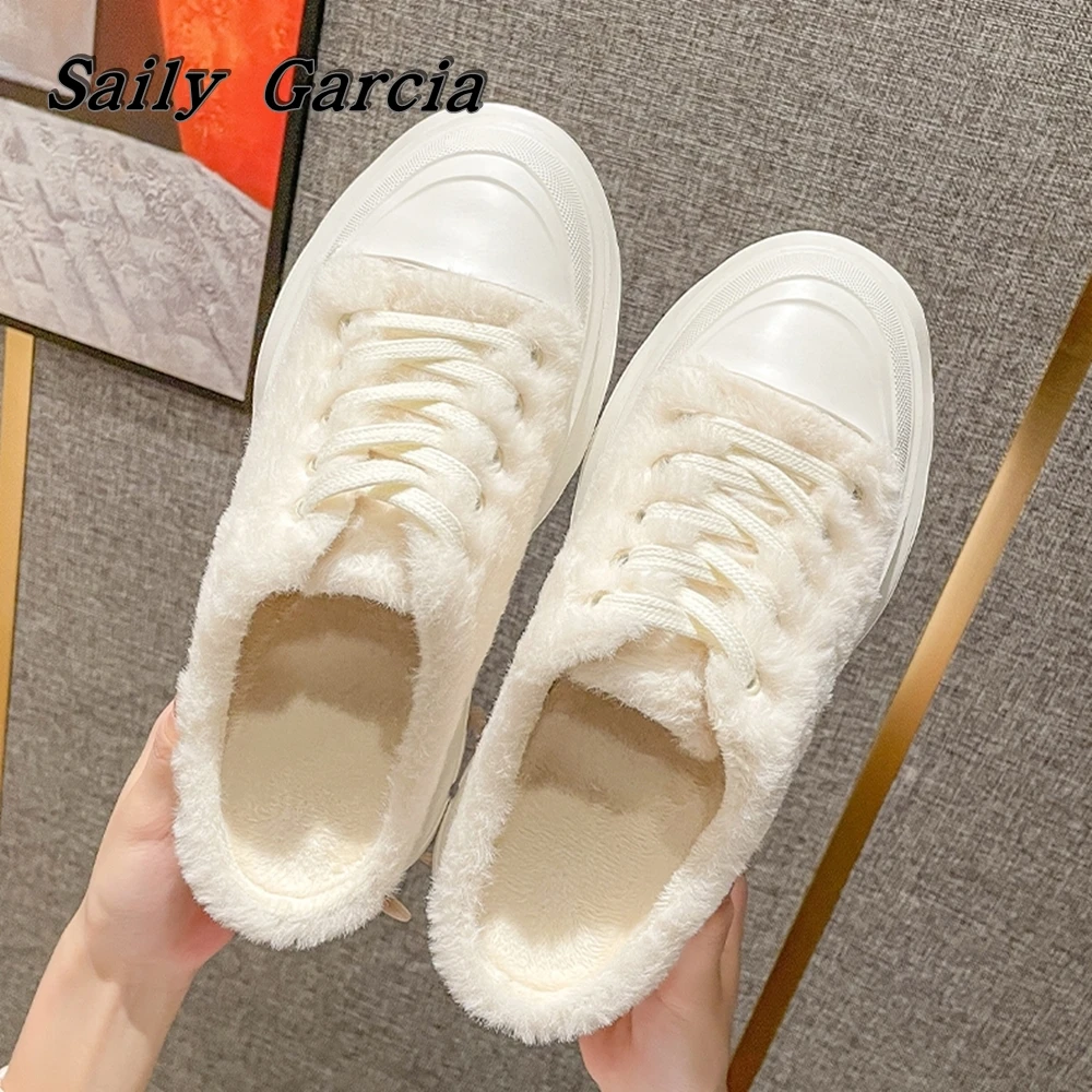 Solid Round Toe Short Plush Slip On Slippers 2023 Winter New INS Fashion Wild Vulcanized Shoes Classic Platform Casual Slides