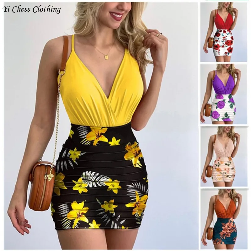 

2024 European and American New Fashionable and Beautiful Women's Tight Bodysuit and Trendy Flower Print Skirt Set summer dress