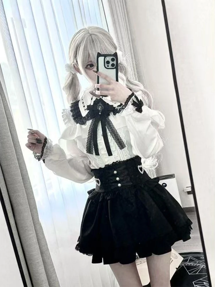 

Gothic Japanese Vintage Patchwork Short Skirt 2-piece Set Women Spring Design Sweet Hepburn Loose Bow Lace Lapel Shirt Suit