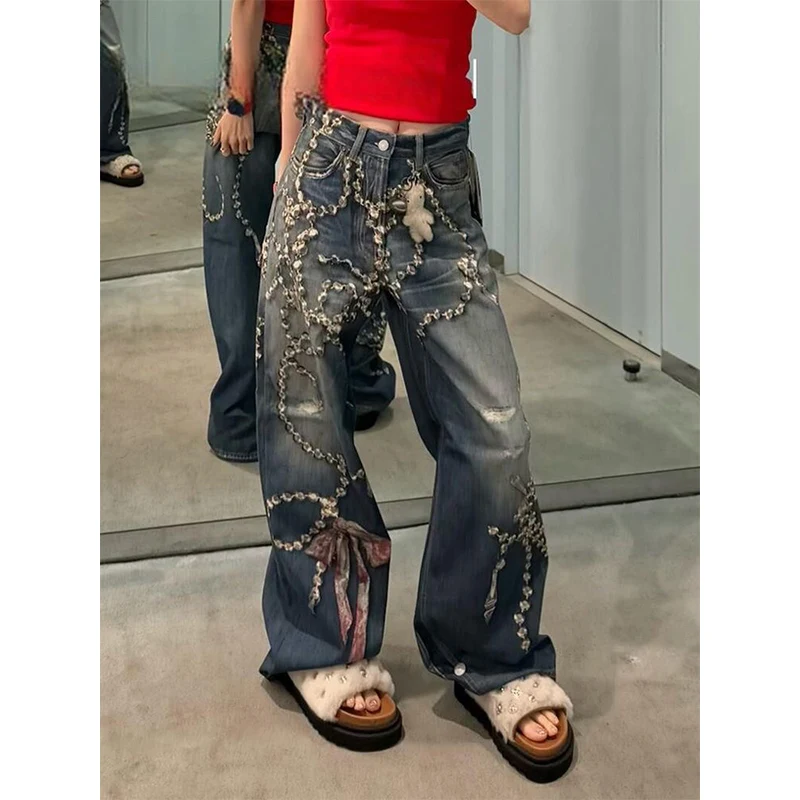 Pantalones vaqueros para mujer 2025 Otoño Invierno Tie Dye Harajuku Y2K pantalones vaqueros holgados japoneses Grunge corte ancho Vaqueros azules Vintage Goblin Core
