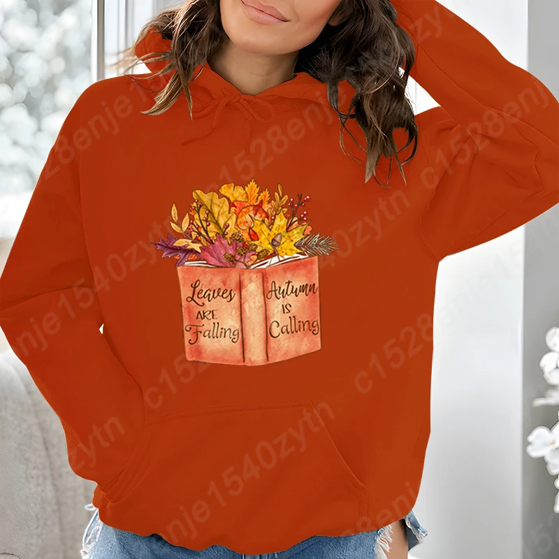 Sudadera con capucha con estampado de hojas de libro divertido para mujer, jerséis de otoño e invierno, nueva sudadera de manga larga para mujer