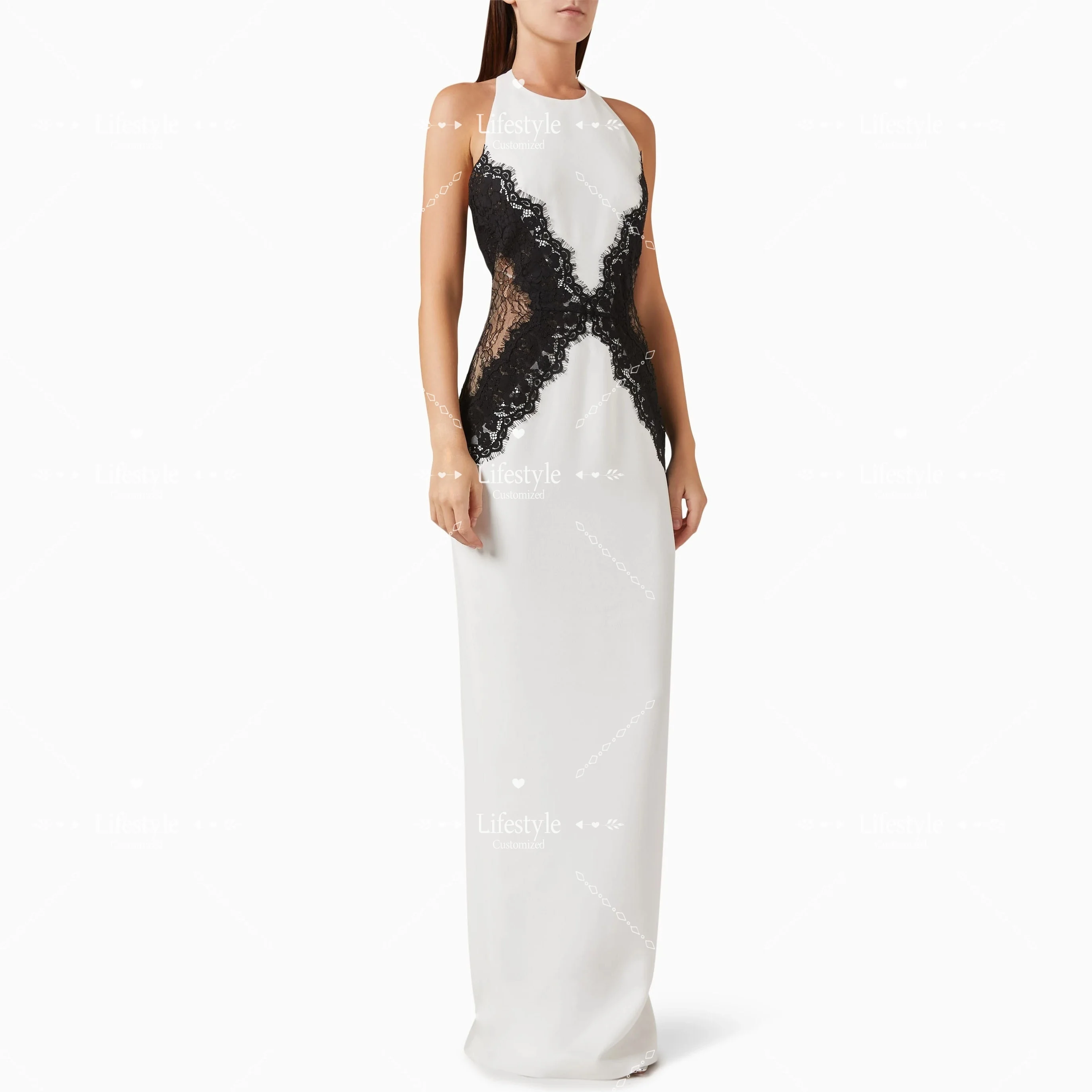 

Customized Elegant Ivory Evening Dress with Black Lace Backless Prom Gown Sleeveless Special Occasion Party Dresses