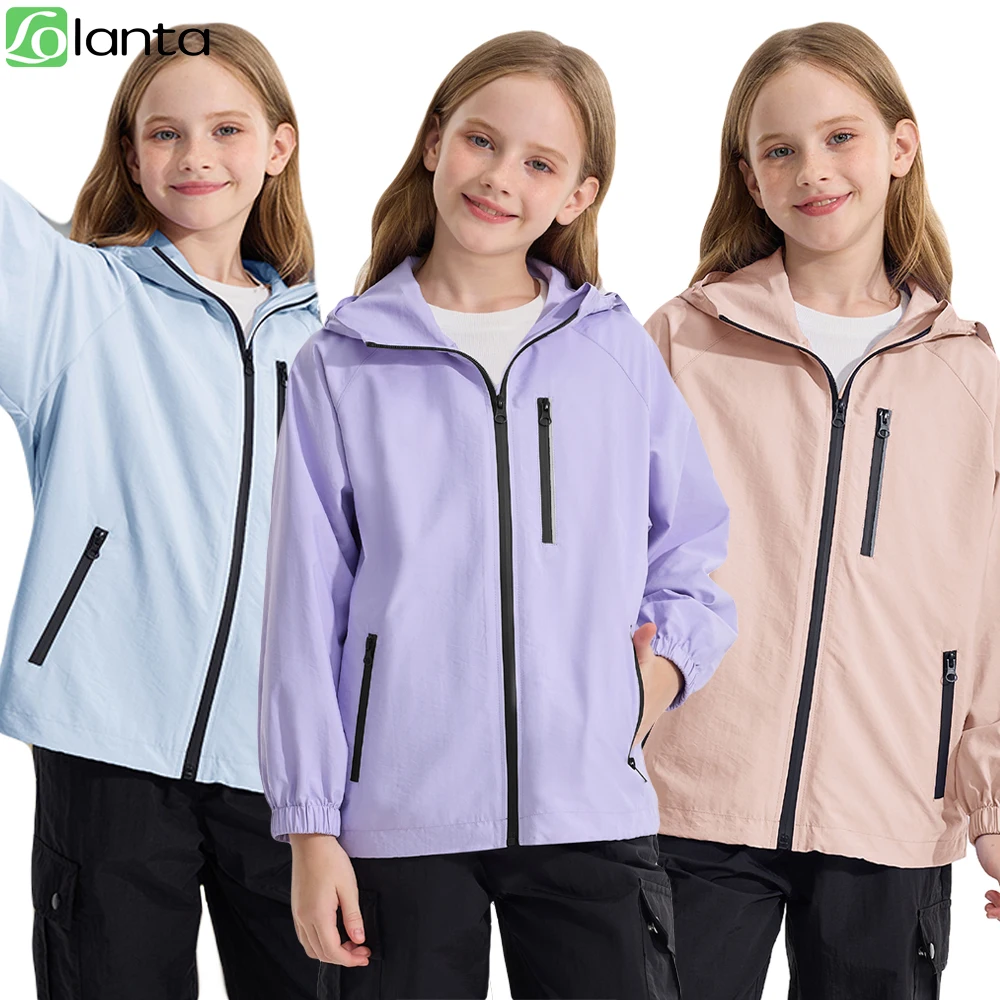 LOlanta Girls Rain Jacket Lightweight Waterproof Hooded Kids Raincoat 7-14 Years