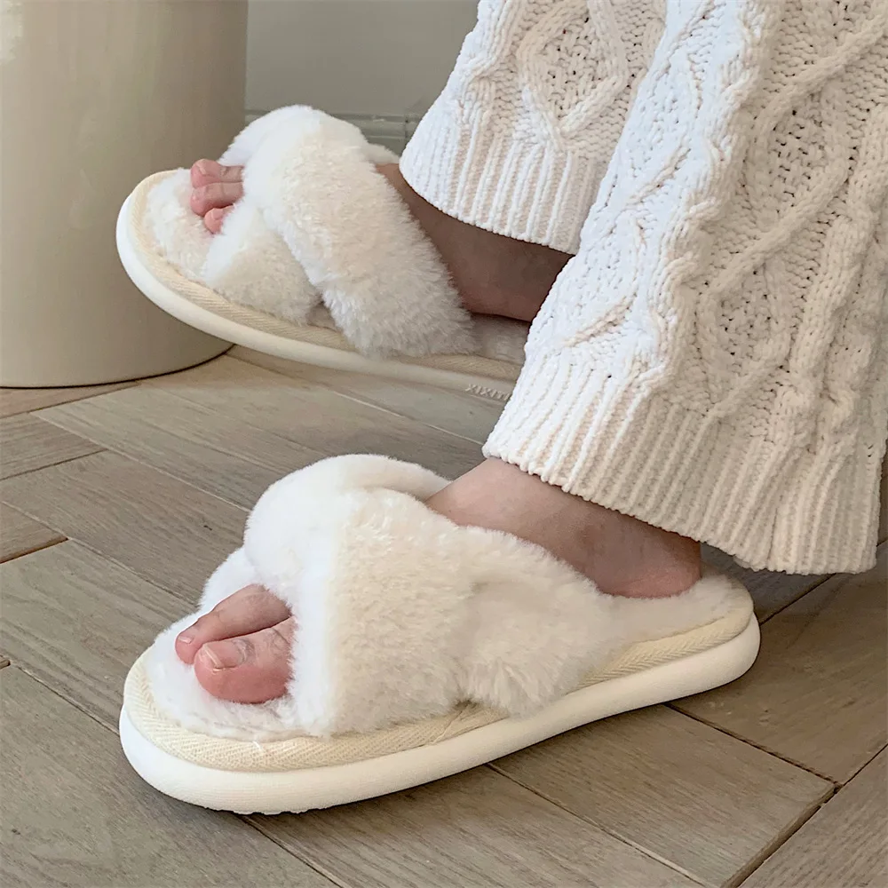 2022 New Fashion Cross Fluffy Fur Slippers Women Winter Home Fur Home Slippers Flat Indoor Floor Shoes Home Indoor Warm Slippers