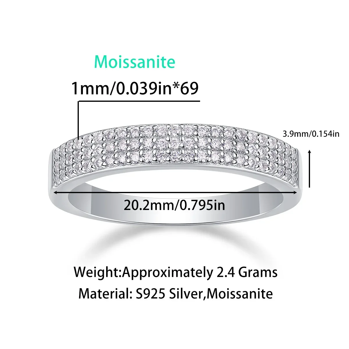 0.45CT D Color Moissanite Rings For Women S925 Silver Three Rows Of Diamond Settings Half Eternity Band luxury Jewelry