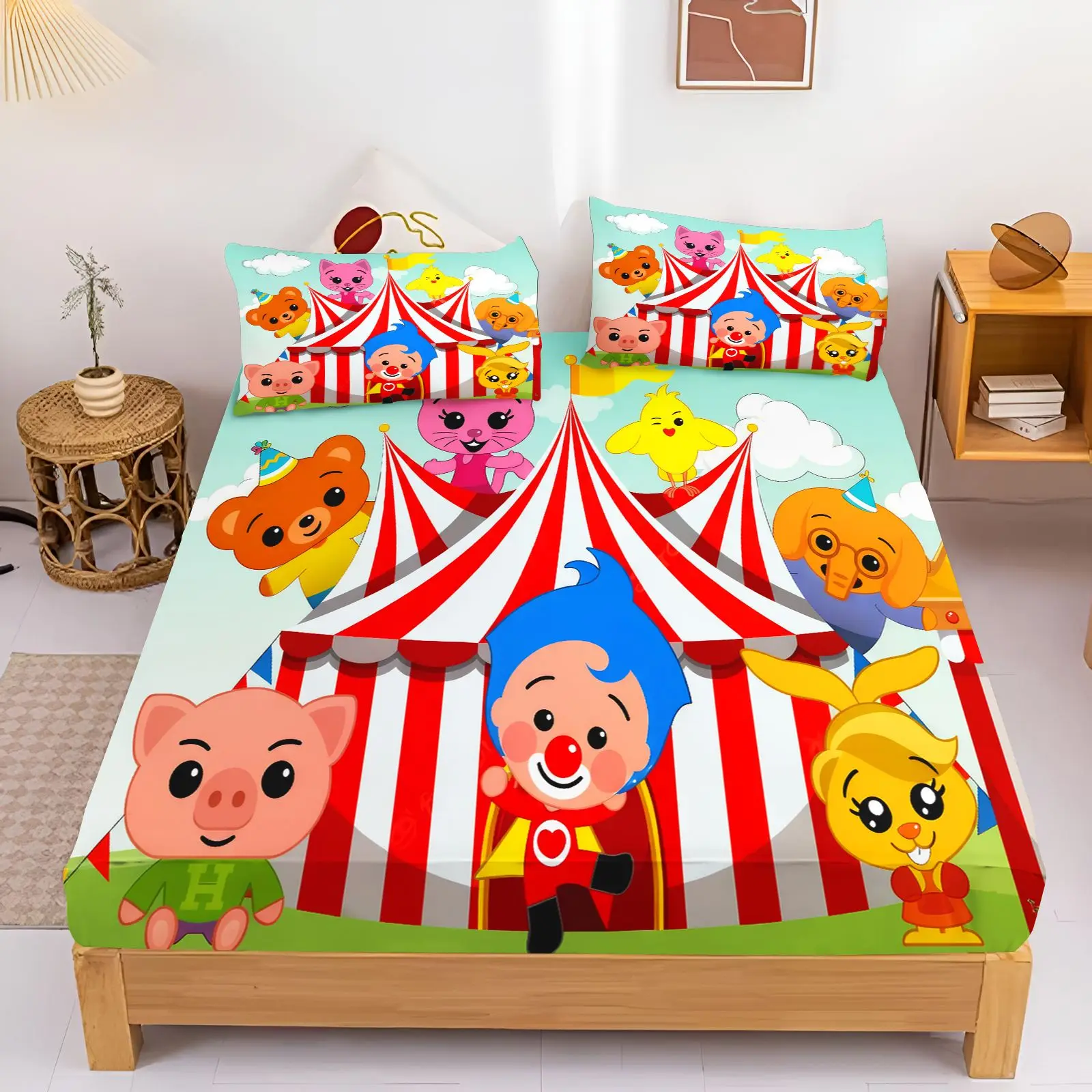 Plim Clown Cartoon Fitted Sheet Bedding Set Cover Pillowcases Colorful Musical Note Print Bed Sheets Bedroom Decoration
