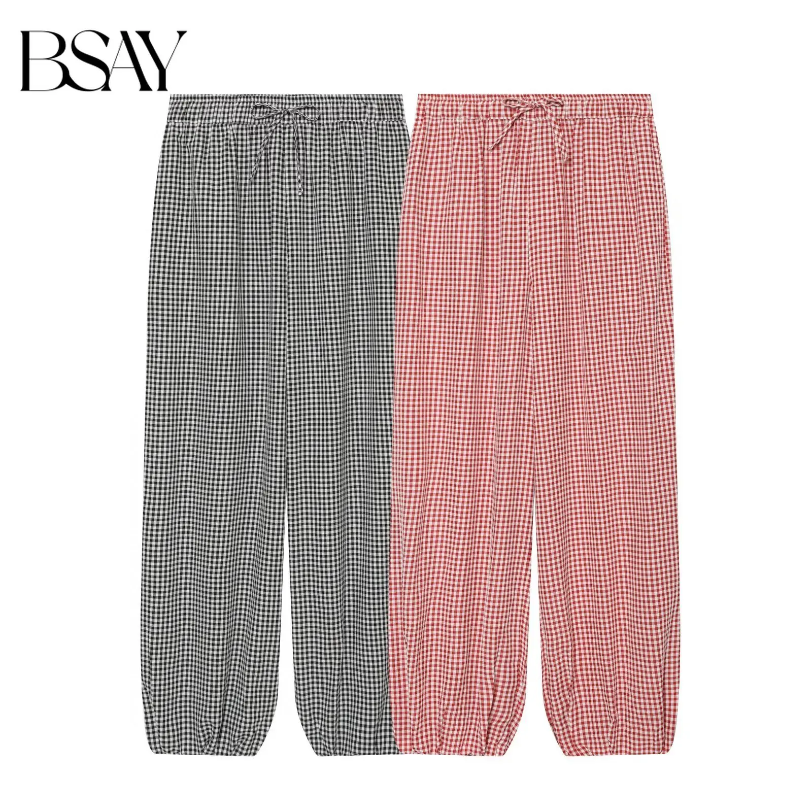 BSAY Summer Women Minimalist Vintage Gingham Harem Pants Elastic Drawstring Waist Loose Cuffed Ankle-Length Soft Casual Trousers