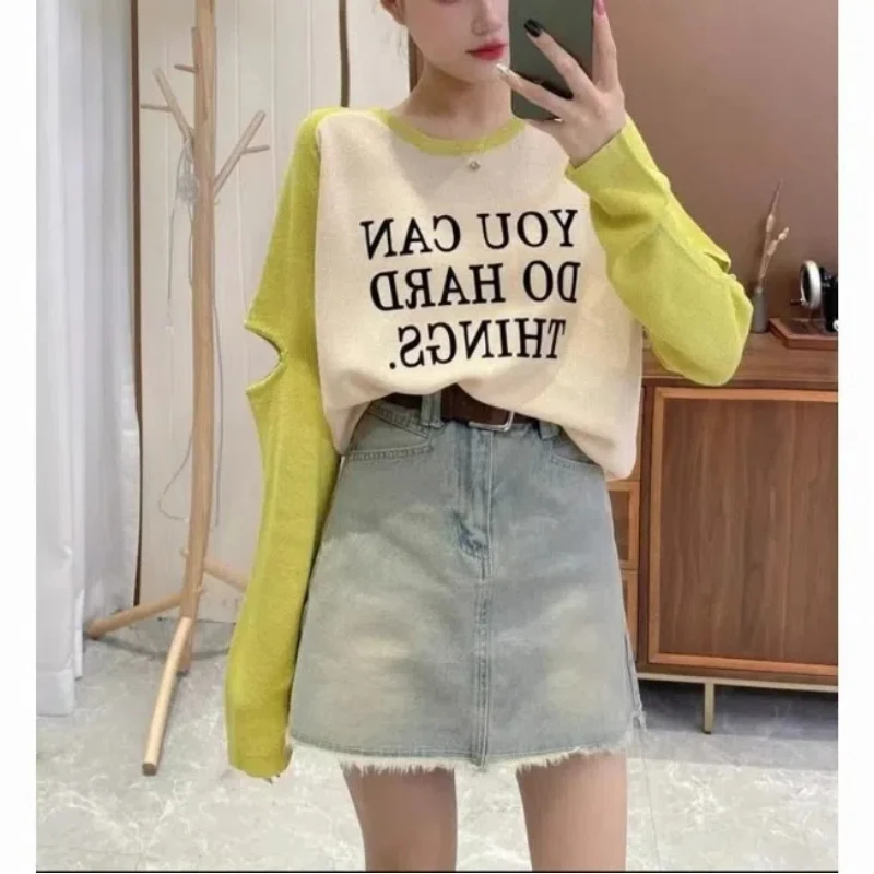 Fashion Letter Printed Raglan Sleeve Women\'s 2024 Spring New Spliced Contrast Color Casual Hollow Out Long Sleeved T-shirt Tops