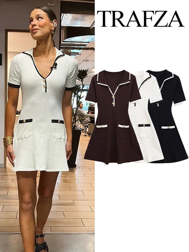 

HH Women Autumn Fashion Solid Metal Button Lapel Ribbed Dress Female Sexy Elegant Pocket 3-Color Short Sleeve Knitted Dress